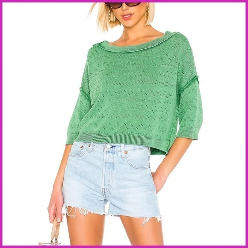 Free People Sand Castle Green Cropped Sweater Top